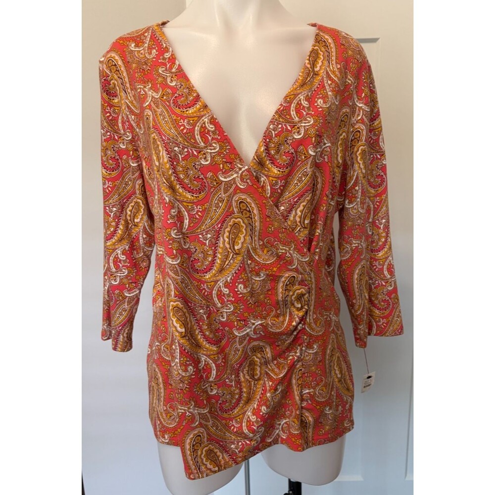 TALBOTS Womens Knit TOP 3/4 Sleeve SALMON Gold Tan Faux Wrap PAISLEY Size 1X NWT